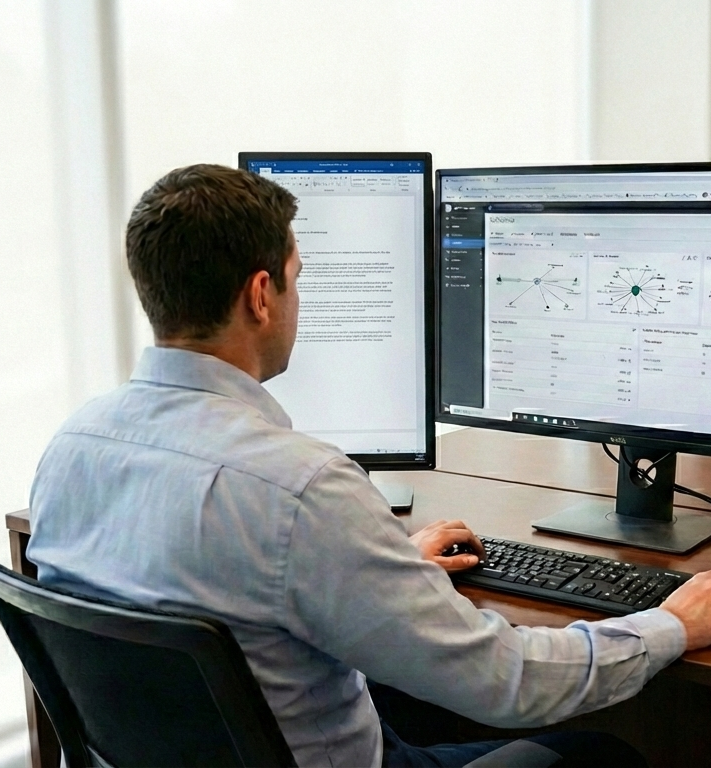 Symbolbild: Ein Jurist arbeitet an einem modernen Schreibtisch mit zwei Monitoren.